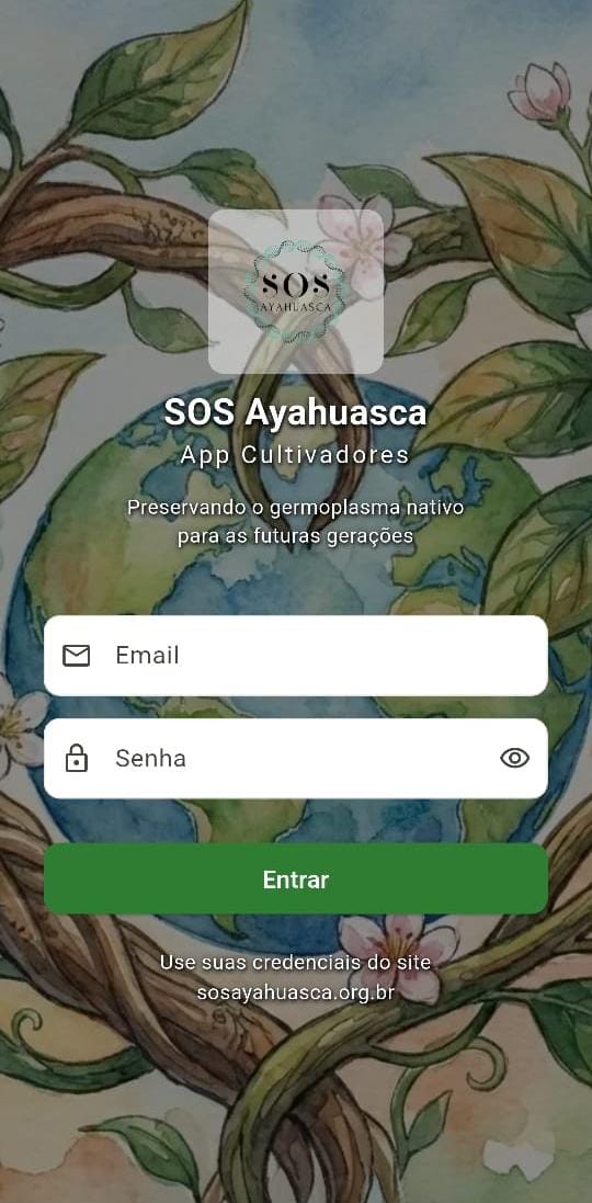 Tela de login do App SOS Cultivadores